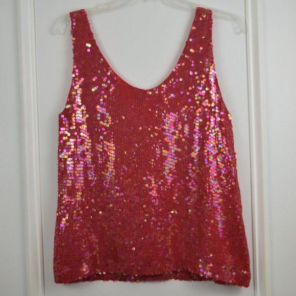 Jeanette for St Martin Sport Sequin Top Women Small Red Sleeveless Lined Disco - Picture 4 of 10